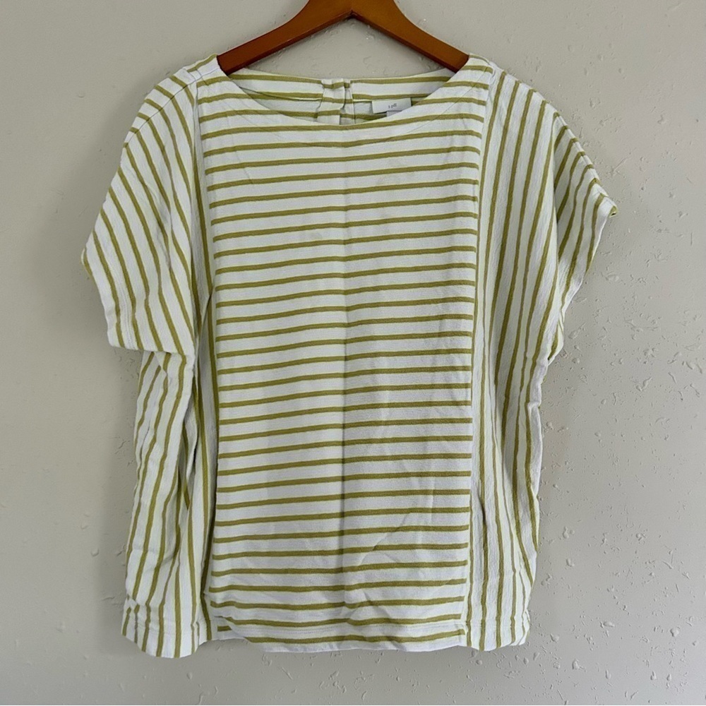 🦋 J. Jill White Green Neon Striped Short Sleeve Blouse XL Button Back Casual - Picture 2 of 7